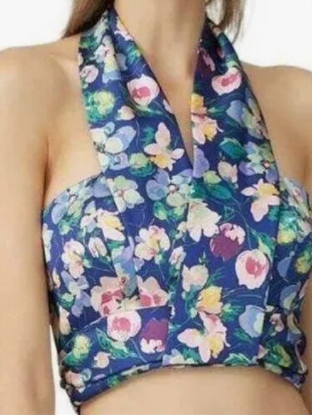 AMUR Blue And Purple Floral Halter Crop Top
